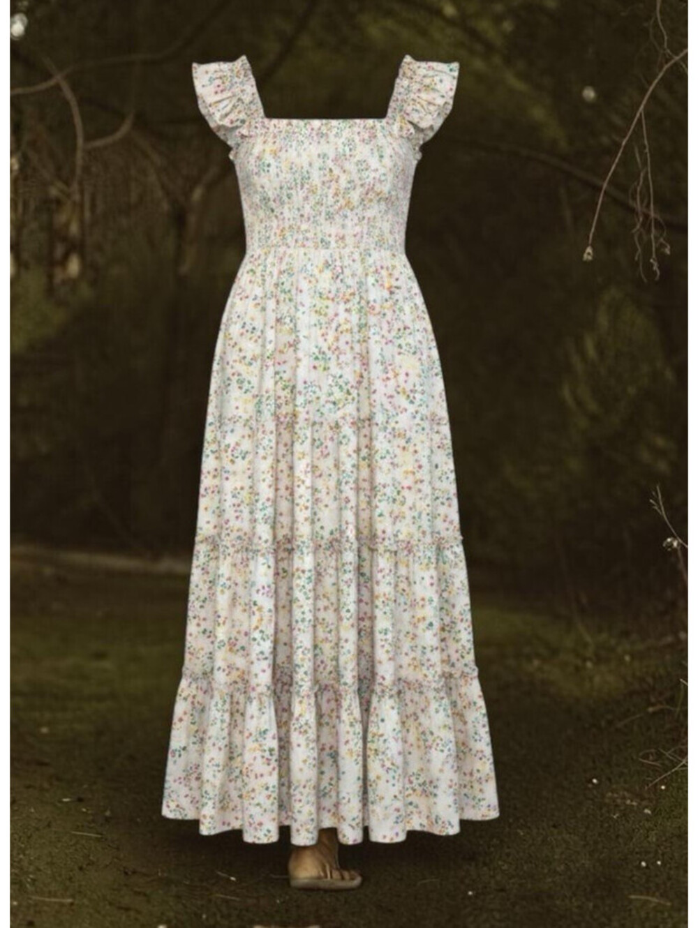 Pink Floral L Sleeveless Midi Dress Tier Ruffle Peasant Cottagecore Crown & Ivy